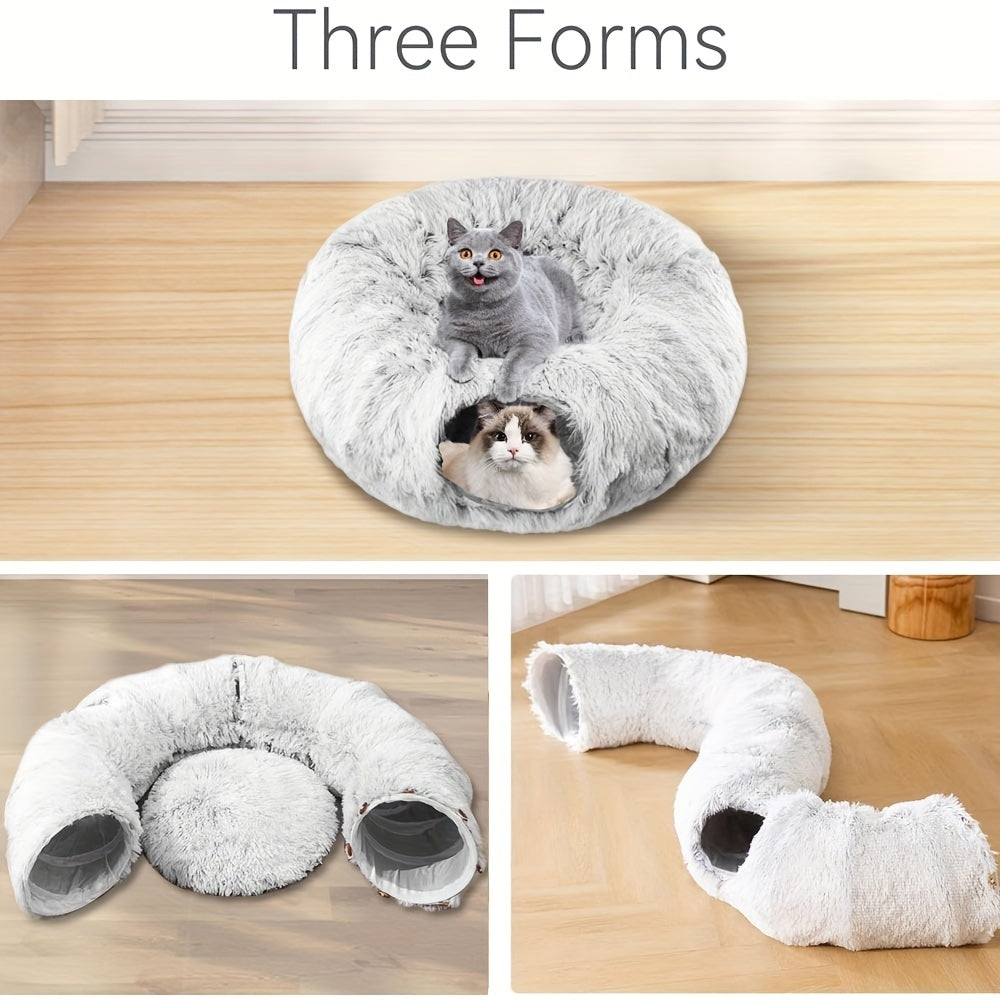 2IN1 Plush Cat Tunnel Donut Bed, Winter Warm Enclosed Hideaway Nest with Hanging Pom Pom Toy, Extra Thick Anxiety Relief Pet Bed Non Slip Base for Indoor Cats