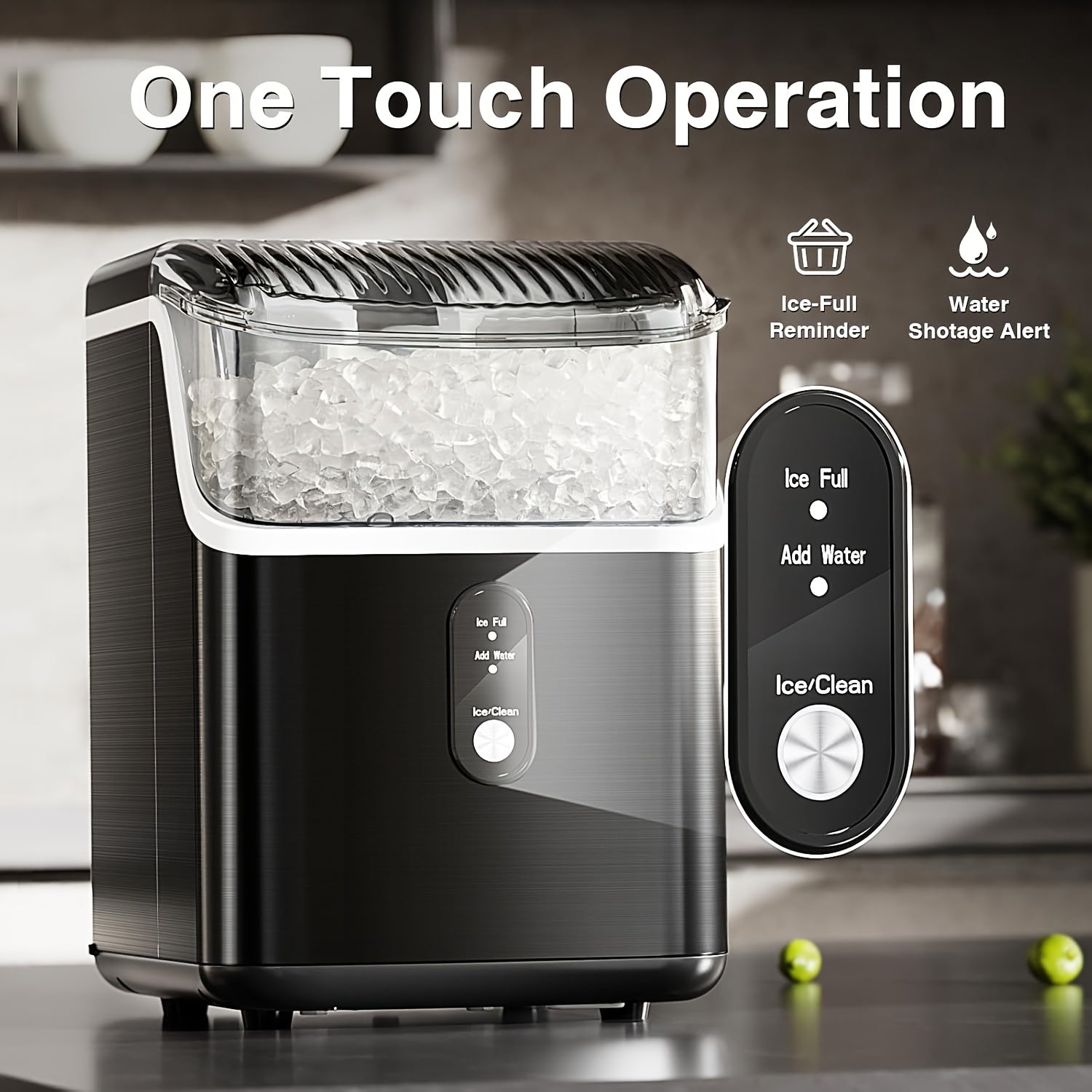 Ice Makers Countertop, Portable Ice Machine, Pebble Ice Machine with Chewable Pellet Ice, 26 Lbs/24 H, 33 Lbs/24 H,35 Lbs/24 H Self-Cleaning,One-Click Operation, for Kitchen, Office, Stainless Steel Black/Silvery