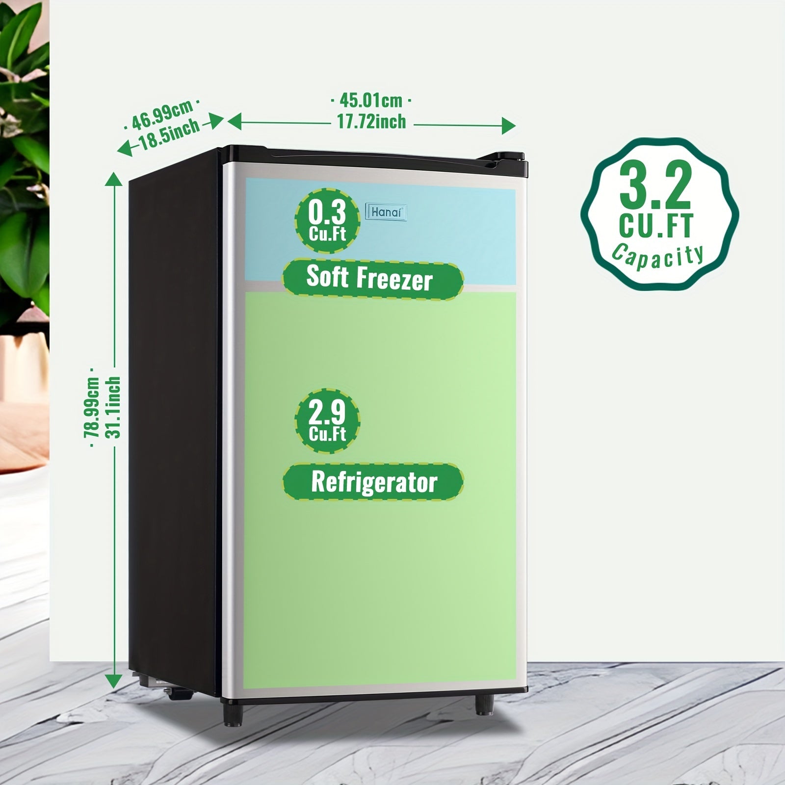 WANAI 3.2 Cu.Ft Single Door Mini Refrigerator, Adjustable Temp Compact Fridge Freezer with ABS Panel for Dorm Office Apartment Small Space