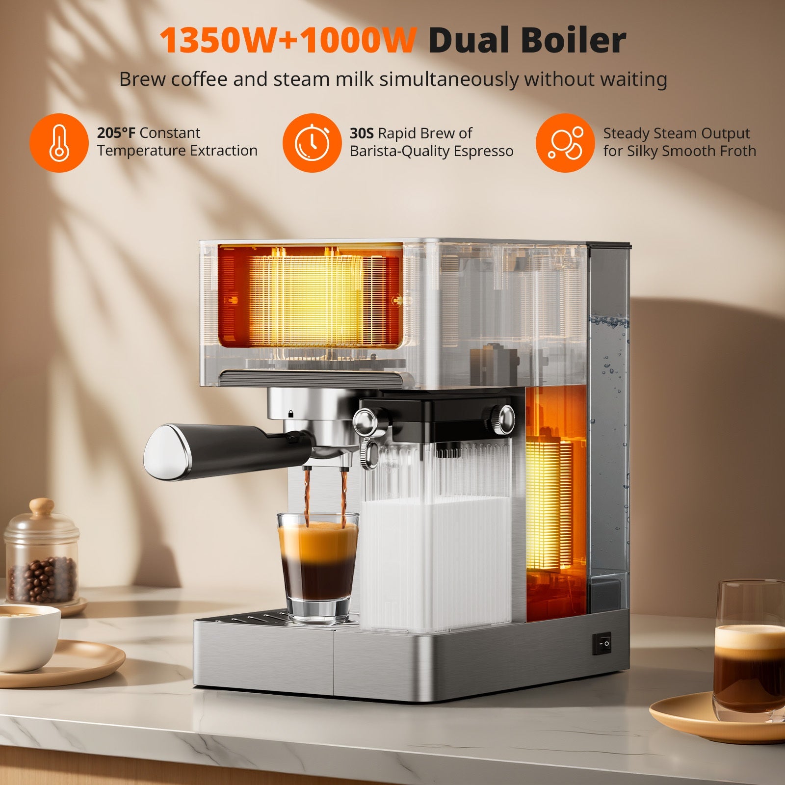 20 Bar Dual Boiler Espresso Machine | 3‑In‑1 Latte Cappuccino Maker with Auto Milk Frother & LED Touch Control