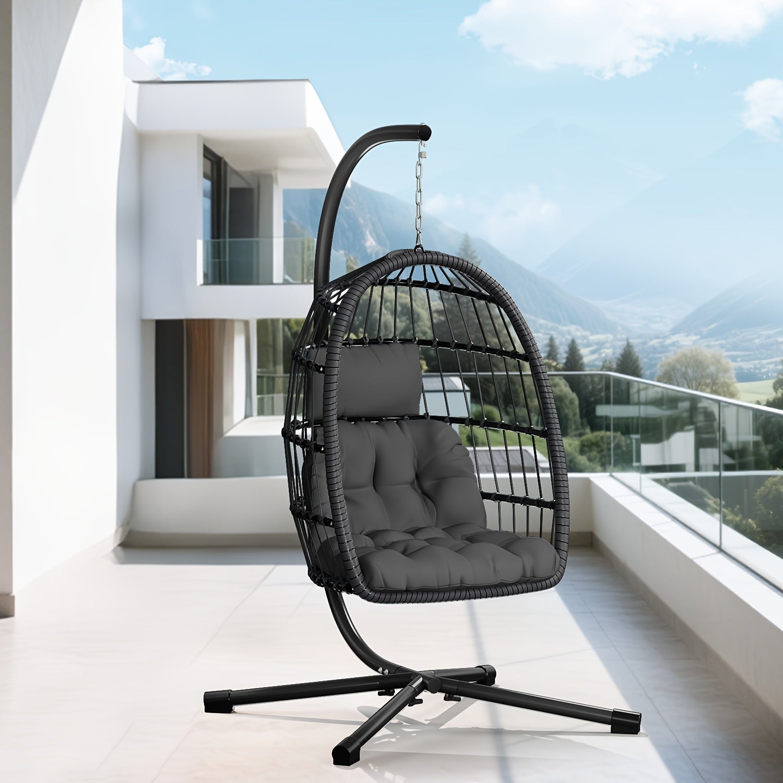 LEVELEVE Rattan Wicker Egg Chair with Stand, 350LBS Outdoor Hanging Swing Hammock Chair, Aluminum Frame UV Resistant Cushion