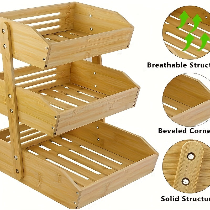 2/3 Tier Wooden Fruit Vegetable Basket Stand, Open Slat Kitchen Countertop Organizer, Multi-Level Storage Shelf for Bread, Produce & Daily Food