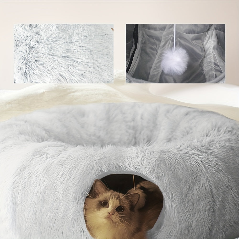2IN1 Plush Cat Tunnel Donut Bed, Winter Warm Enclosed Hideaway Nest with Hanging Pom Pom Toy, Extra Thick Anxiety Relief Pet Bed Non Slip Base for Indoor Cats