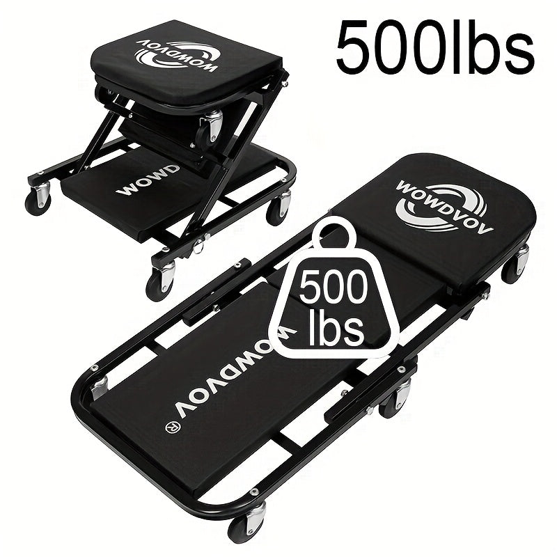 3-in-1 Z-Shaped Auto Repair Seat, 500 LBS Capacity Foldable Rolling Mechanics Stool with 6 Wheels, Adjustable Garage Creeper for Sitting, Lying & Leaning