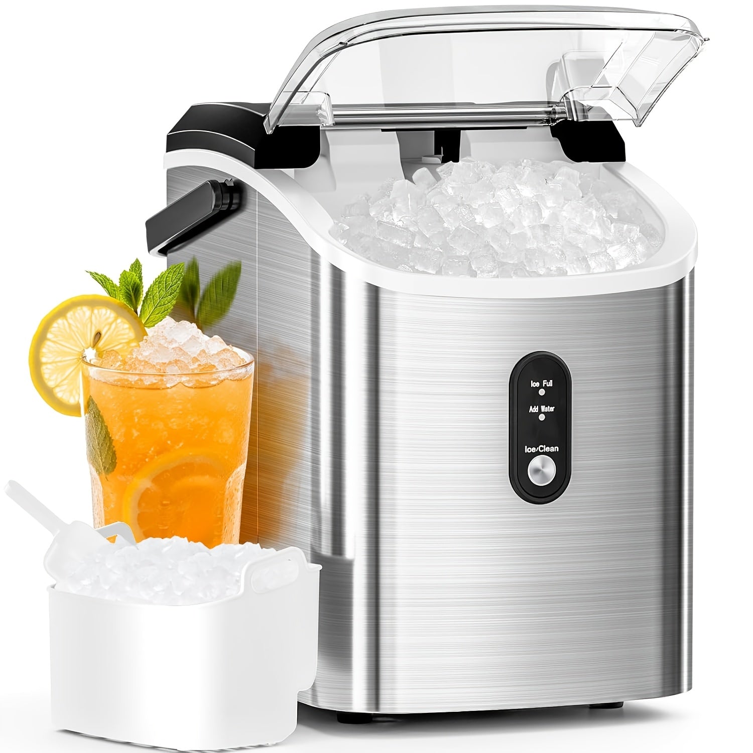 Ice Makers Countertop, Portable Ice Machine, Pebble Ice Machine with Chewable Pellet Ice, 26 Lbs/24 H, 33 Lbs/24 H,35 Lbs/24 H Self-Cleaning,One-Click Operation, for Kitchen, Office, Stainless Steel Black/Silvery