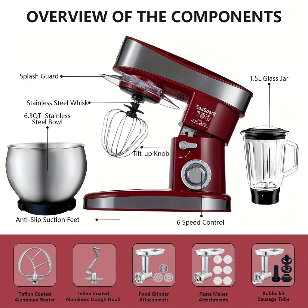 6-in-1 400W Electric Vertical Mixer, 6 Speed Pulse Control Stand Mixer, 6.3QT Stainless Steel Bowl with Dough Hook Egg Beater Juicer Meat Grinder Noodle Press Attachments