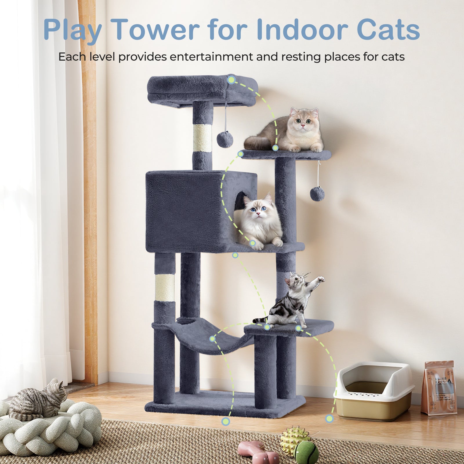 44-Inch Cat Tree Tower with Condo and Hammock, Natural Sisal Scratching Post, Multi-Level Indoor Cat Play House for Multiple Cats