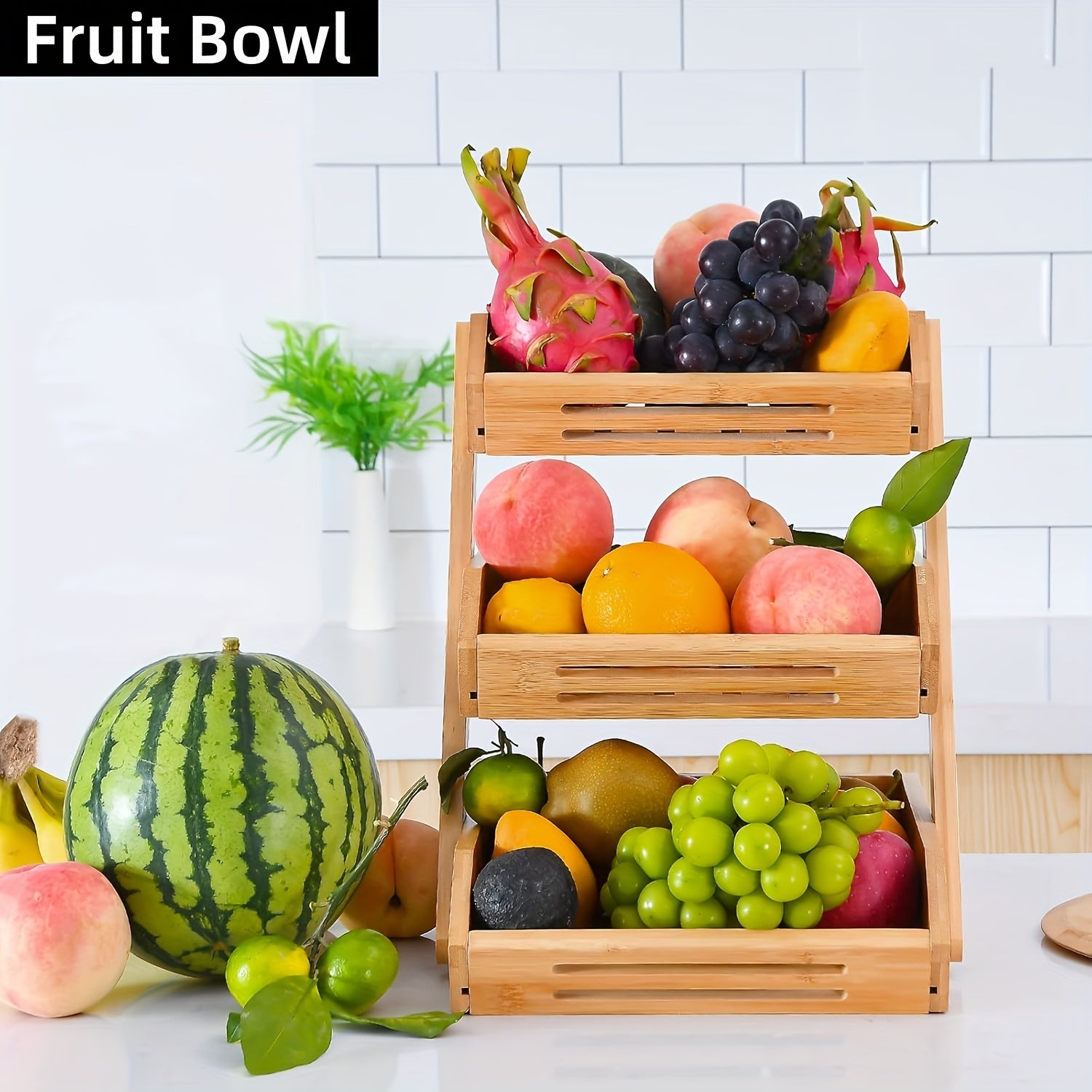 2/3 Tier Wooden Fruit Vegetable Basket Stand, Open Slat Kitchen Countertop Organizer, Multi-Level Storage Shelf for Bread, Produce & Daily Food