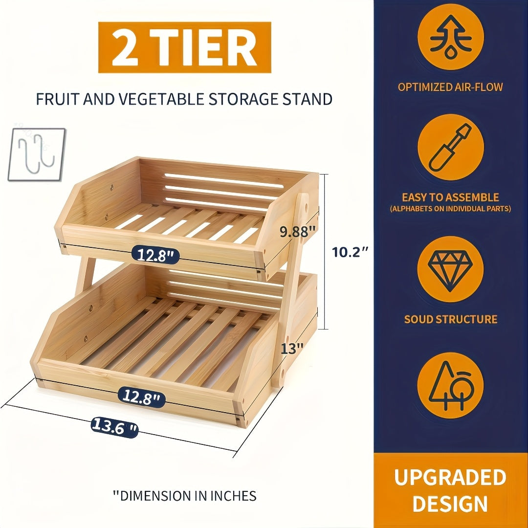 2/3 Tier Wooden Fruit Vegetable Basket Stand, Open Slat Kitchen Countertop Organizer, Multi-Level Storage Shelf for Bread, Produce & Daily Food