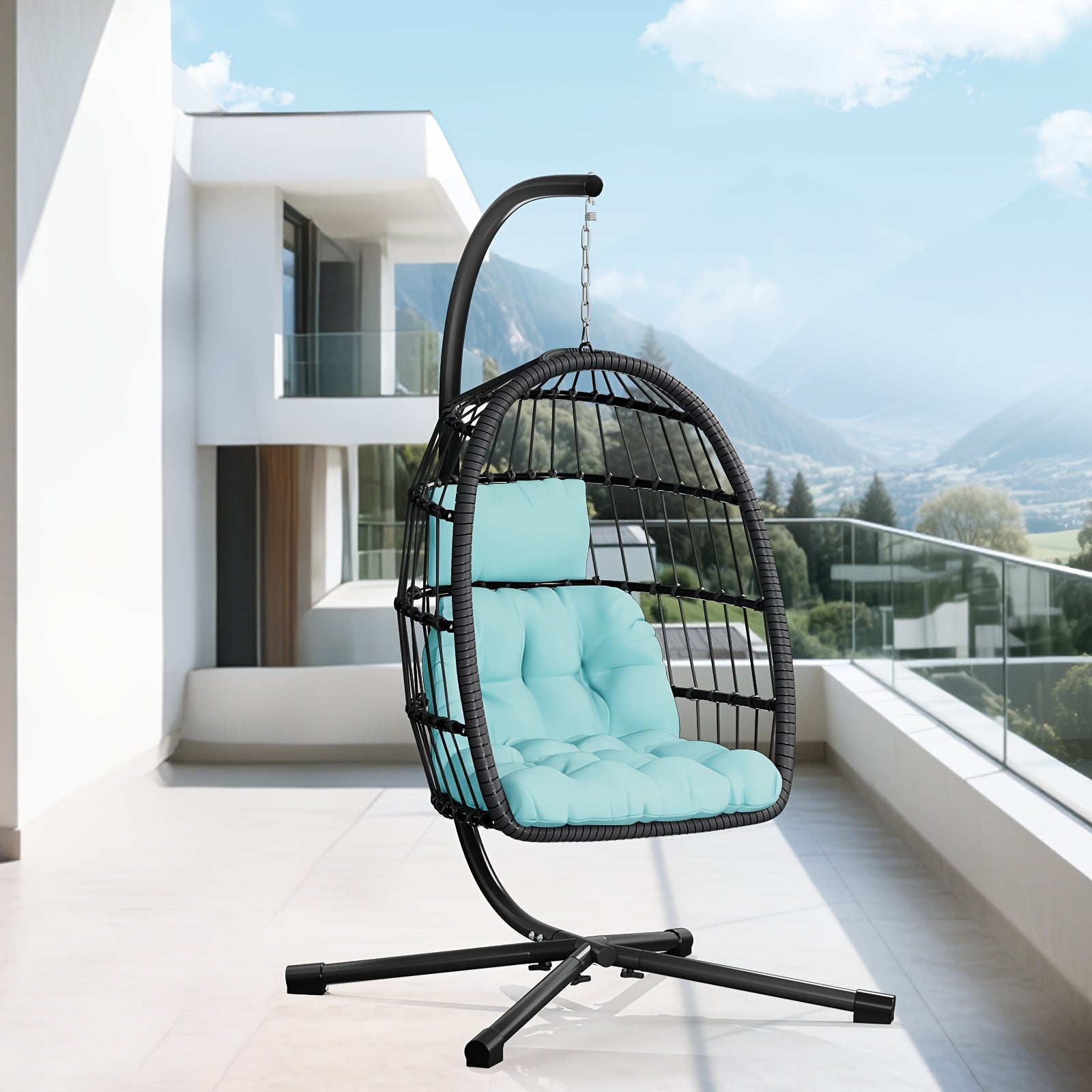 LEVELEVE Rattan Wicker Egg Chair with Stand, 350LBS Outdoor Hanging Swing Hammock Chair, Aluminum Frame UV Resistant Cushion