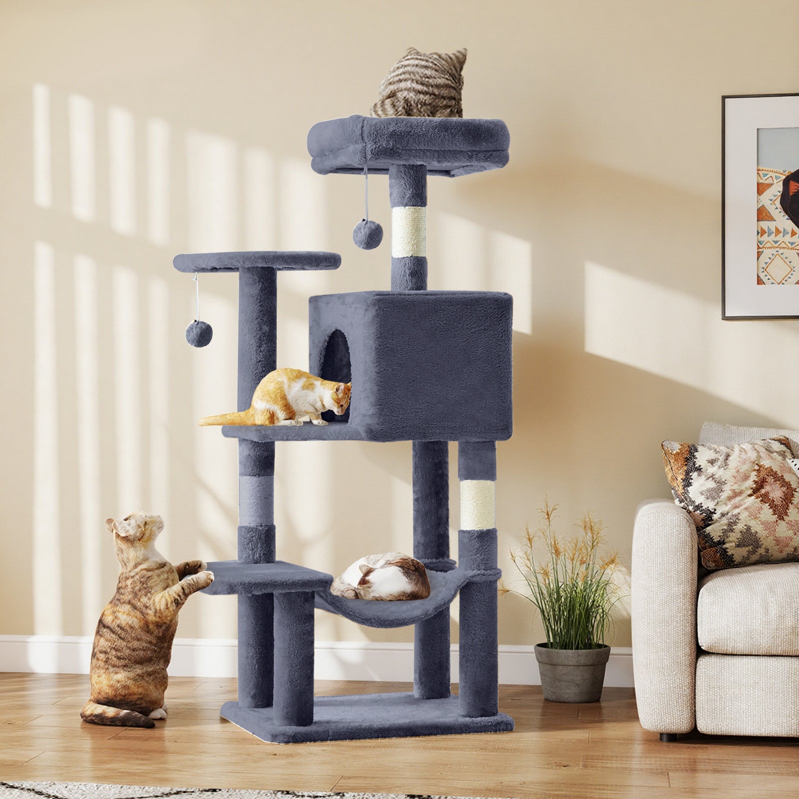 44-Inch Cat Tree Tower with Condo and Hammock, Natural Sisal Scratching Post, Multi-Level Indoor Cat Play House for Multiple Cats