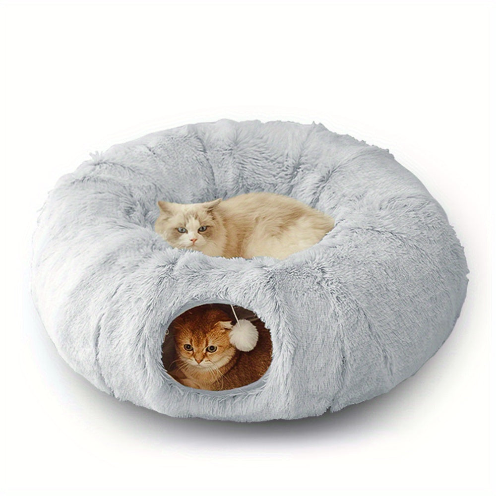 2IN1 Plush Cat Tunnel Donut Bed, Winter Warm Enclosed Hideaway Nest with Hanging Pom Pom Toy, Extra Thick Anxiety Relief Pet Bed Non Slip Base for Indoor Cats
