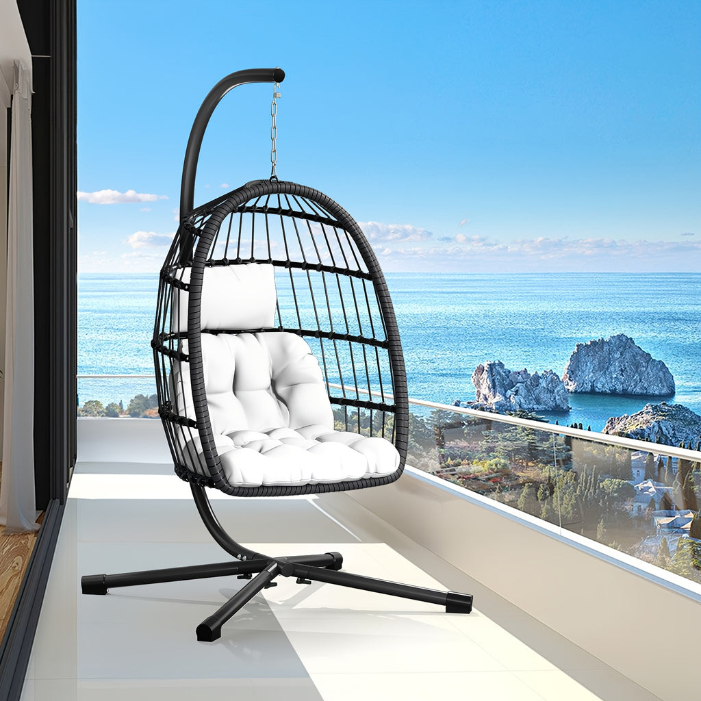 LEVELEVE Rattan Wicker Egg Chair with Stand, 350LBS Outdoor Hanging Swing Hammock Chair, Aluminum Frame UV Resistant Cushion