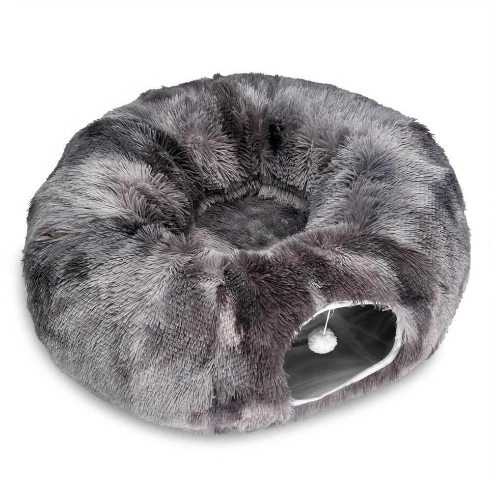 2IN1 Plush Cat Tunnel Donut Bed, Winter Warm Enclosed Hideaway Nest with Hanging Pom Pom Toy, Extra Thick Anxiety Relief Pet Bed Non Slip Base for Indoor Cats