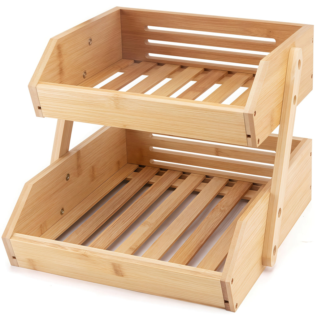2/3 Tier Wooden Fruit Vegetable Basket Stand, Open Slat Kitchen Countertop Organizer, Multi-Level Storage Shelf for Bread, Produce & Daily Food
