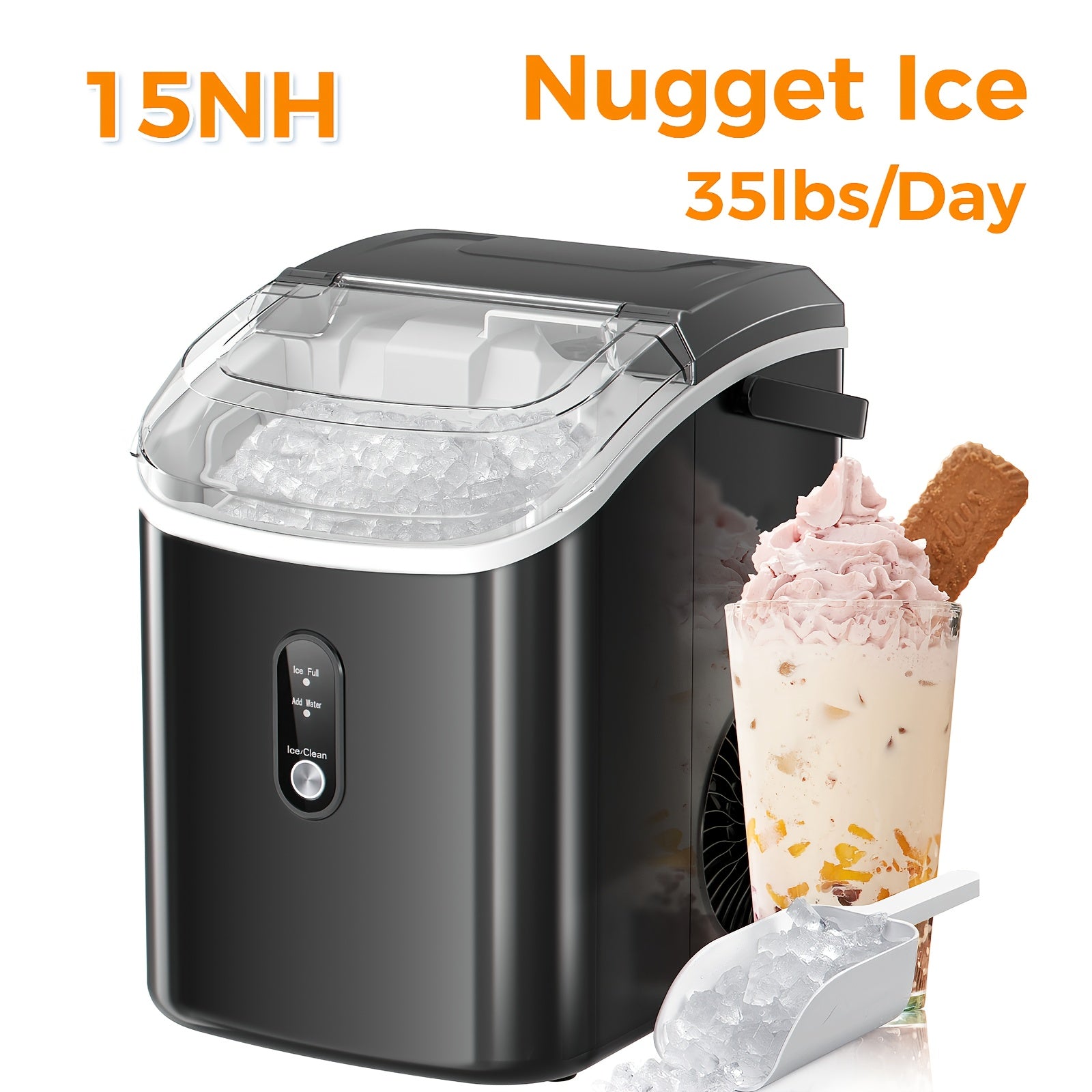 Ice Makers Countertop, Portable Ice Machine, Pebble Ice Machine with Chewable Pellet Ice, 26 Lbs/24 H, 33 Lbs/24 H,35 Lbs/24 H Self-Cleaning,One-Click Operation, for Kitchen, Office, Stainless Steel Black/Silvery