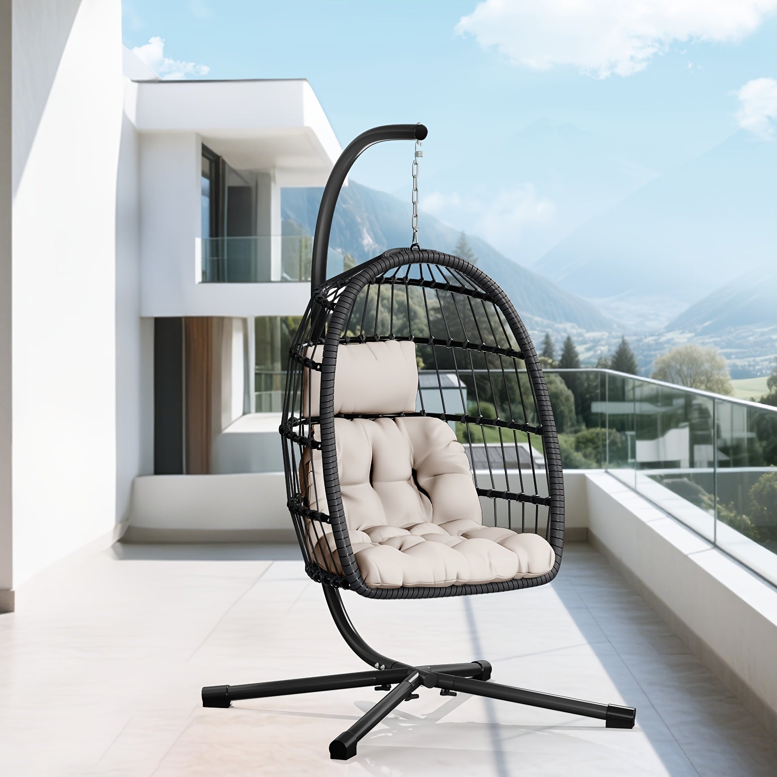 LEVELEVE Rattan Wicker Egg Chair with Stand, 350LBS Outdoor Hanging Swing Hammock Chair, Aluminum Frame UV Resistant Cushion