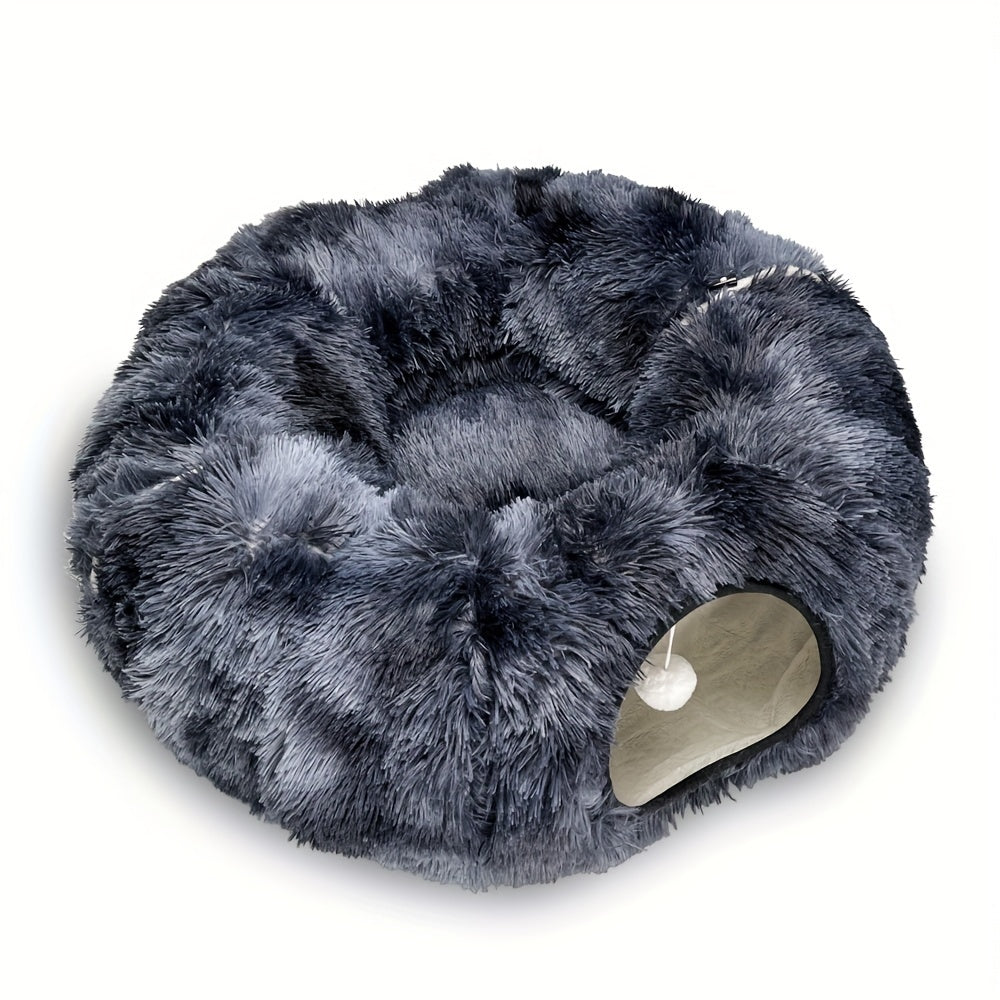 2IN1 Plush Cat Tunnel Donut Bed, Winter Warm Enclosed Hideaway Nest with Hanging Pom Pom Toy, Extra Thick Anxiety Relief Pet Bed Non Slip Base for Indoor Cats