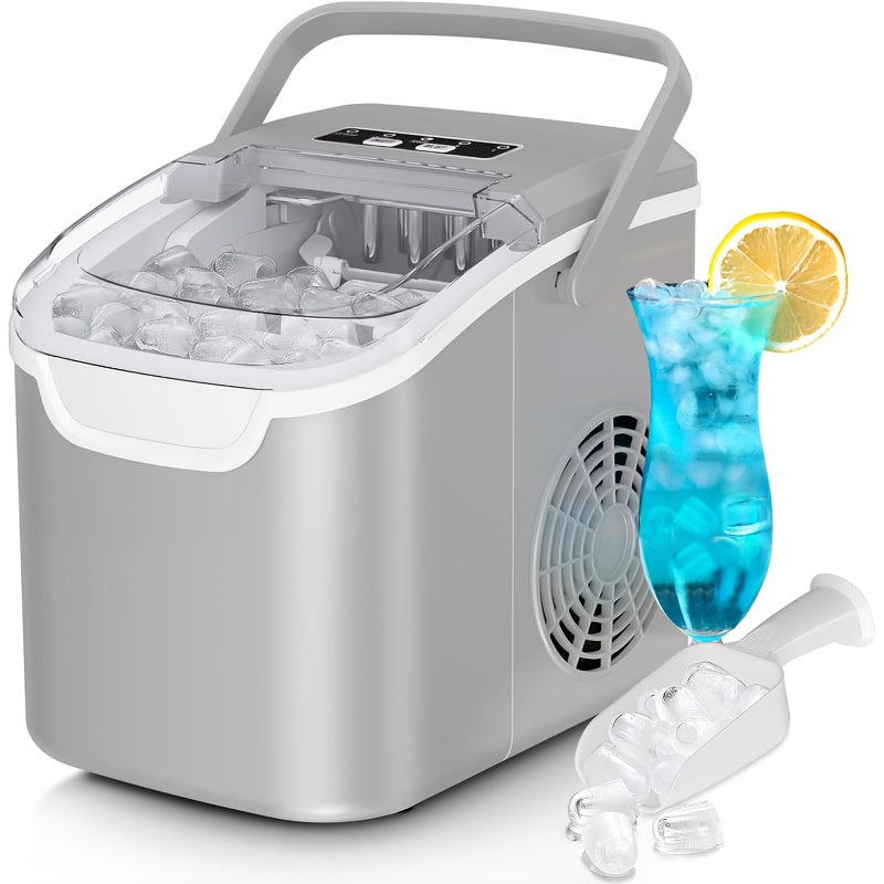 Ice Makers Countertop, Portable Ice Machine, Pebble Ice Machine with Chewable Pellet Ice, 26 Lbs/24 H, 33 Lbs/24 H,35 Lbs/24 H Self-Cleaning,One-Click Operation, for Kitchen, Office, Stainless Steel Black/Silvery