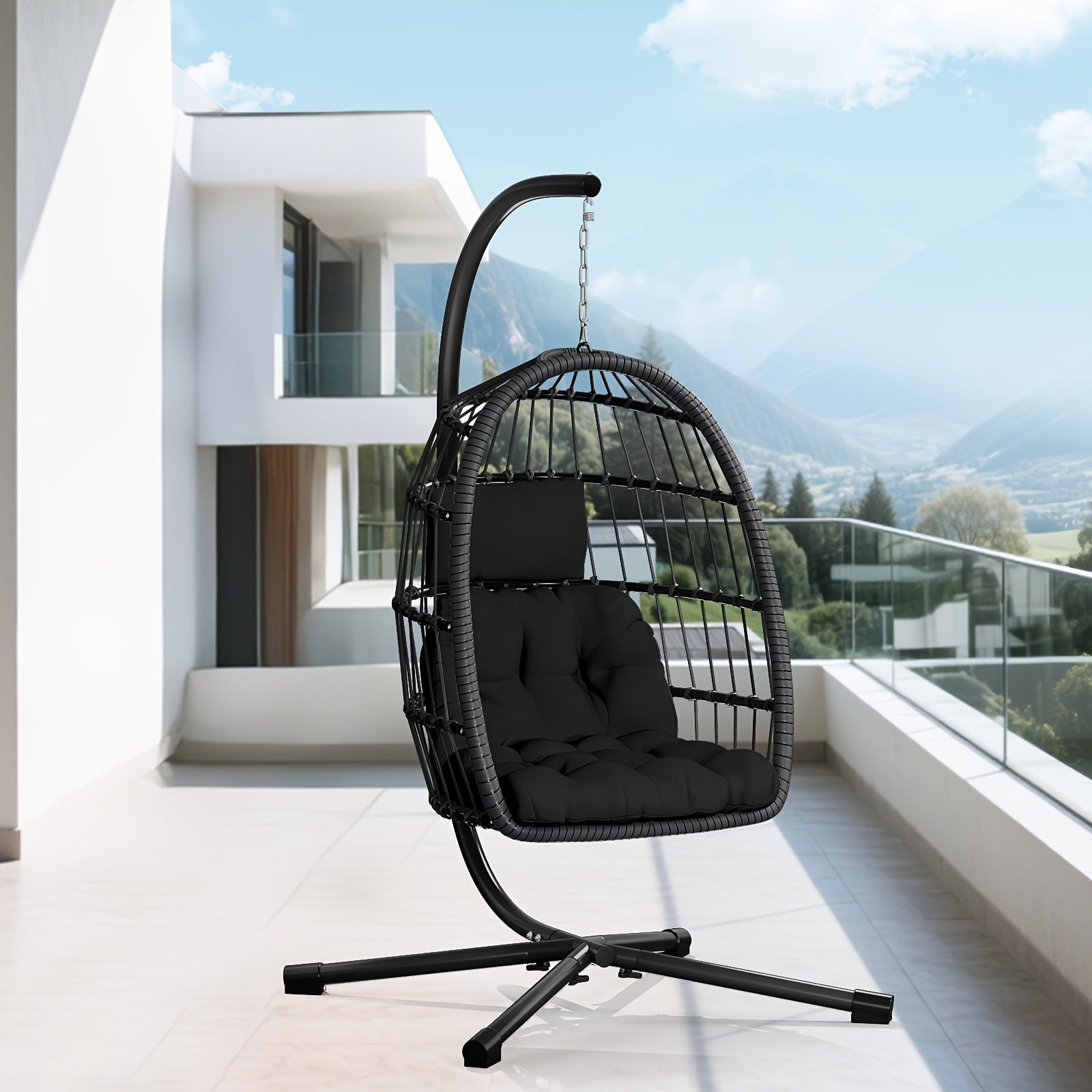 LEVELEVE Rattan Wicker Egg Chair with Stand, 350LBS Outdoor Hanging Swing Hammock Chair, Aluminum Frame UV Resistant Cushion