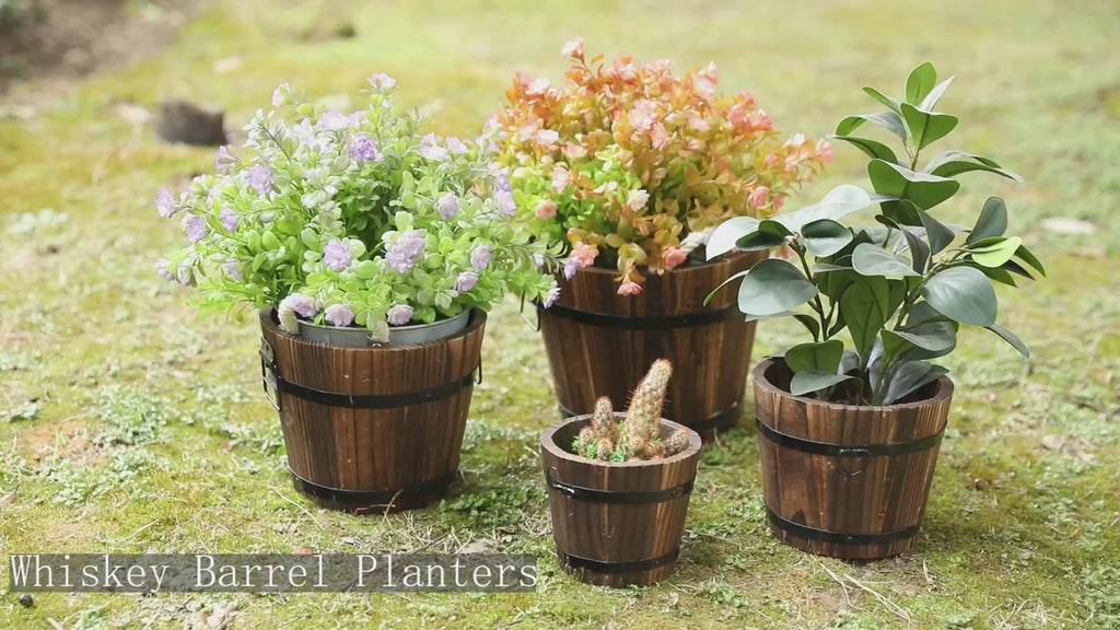 Rustic Wooden Whiskey Barrel Planters, 4 Sizes Bucket Flower Pot Set, Indoor Outdoor Garden Plant Containers for Home Decor