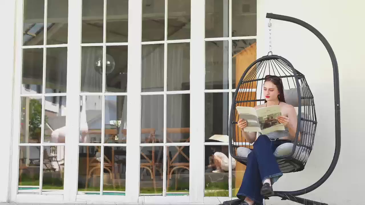 LEVELEVE Rattan Wicker Egg Chair with Stand, 350LBS Outdoor Hanging Swing Hammock Chair, Aluminum Frame UV Resistant Cushion
