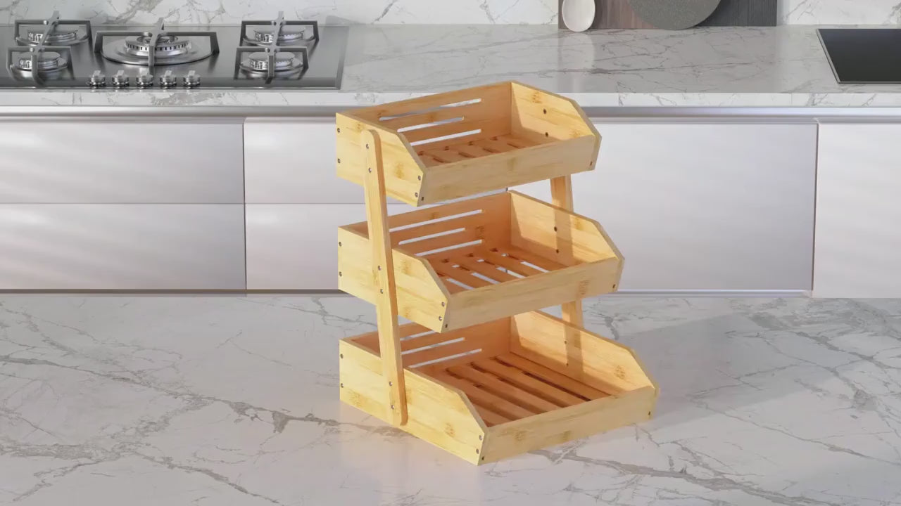 2/3 Tier Wooden Fruit Vegetable Basket Stand, Open Slat Kitchen Countertop Organizer, Multi-Level Storage Shelf for Bread, Produce & Daily Food
