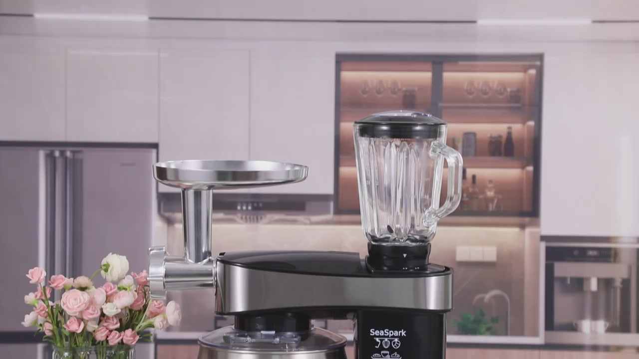 6-in-1 400W Electric Vertical Mixer, 6 Speed Pulse Control Stand Mixer, 6.3QT Stainless Steel Bowl with Dough Hook Egg Beater Juicer Meat Grinder Noodle Press Attachments
